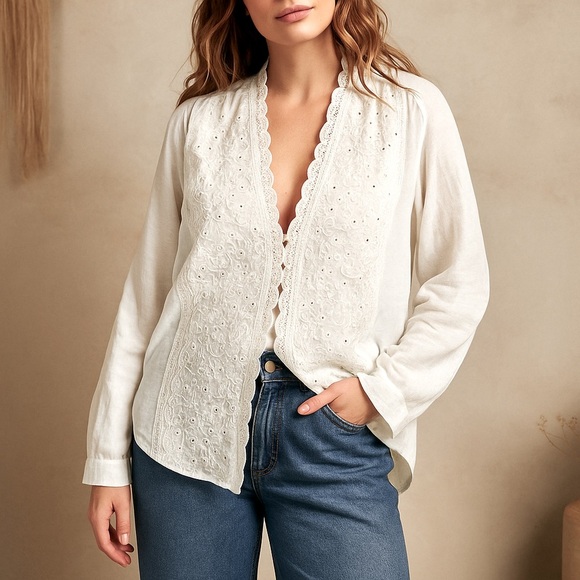 Anthropologie Tops - Anthropologie TINY White Eyelet Lace Embroidered Long Sleeve Cardigan Size S